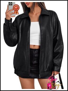 Oversized Vegan Leather Bomber Jacket Moto Cocoon Coat